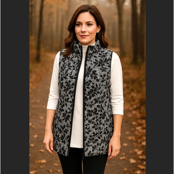 NWT J. Jill Down Puffer Vest Size SMALL Black Floral Houndstooth 2-Way Zip $149 - Picture 1 of 12